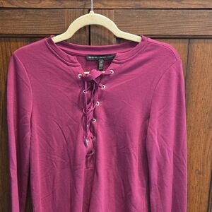 White House Black Market Lace-Up Long Sleeve Top in Berry